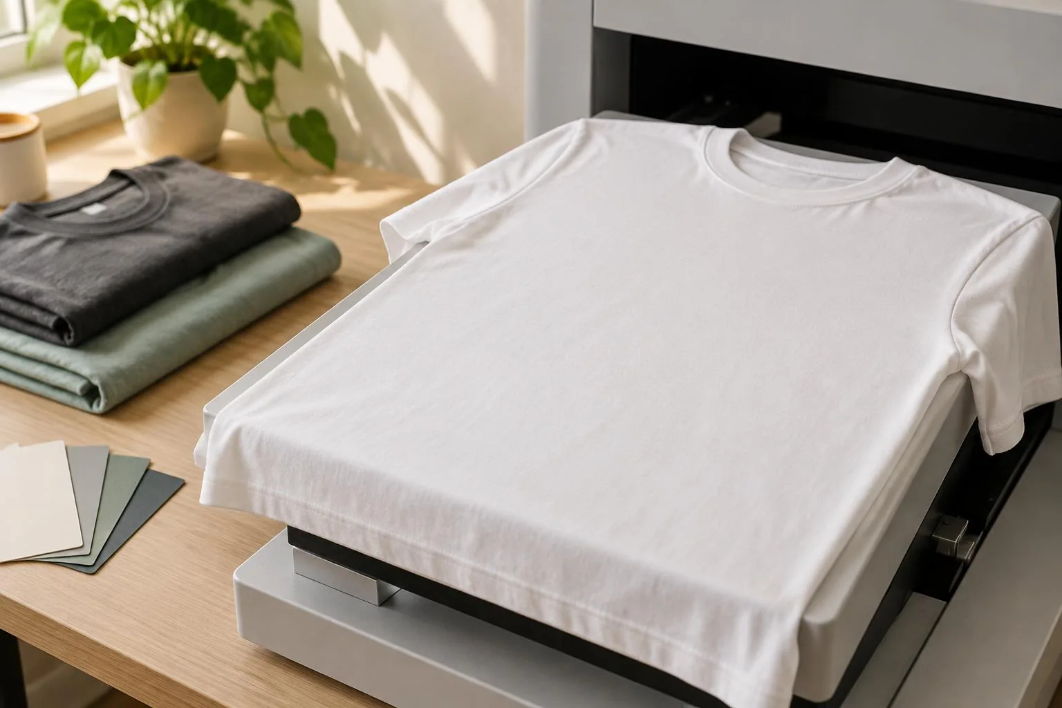 Illustrative editorial image of a blank cotton shirt on a garment printer platen beside folded shirts and color swatches; not the founders’ actual shop or early printer