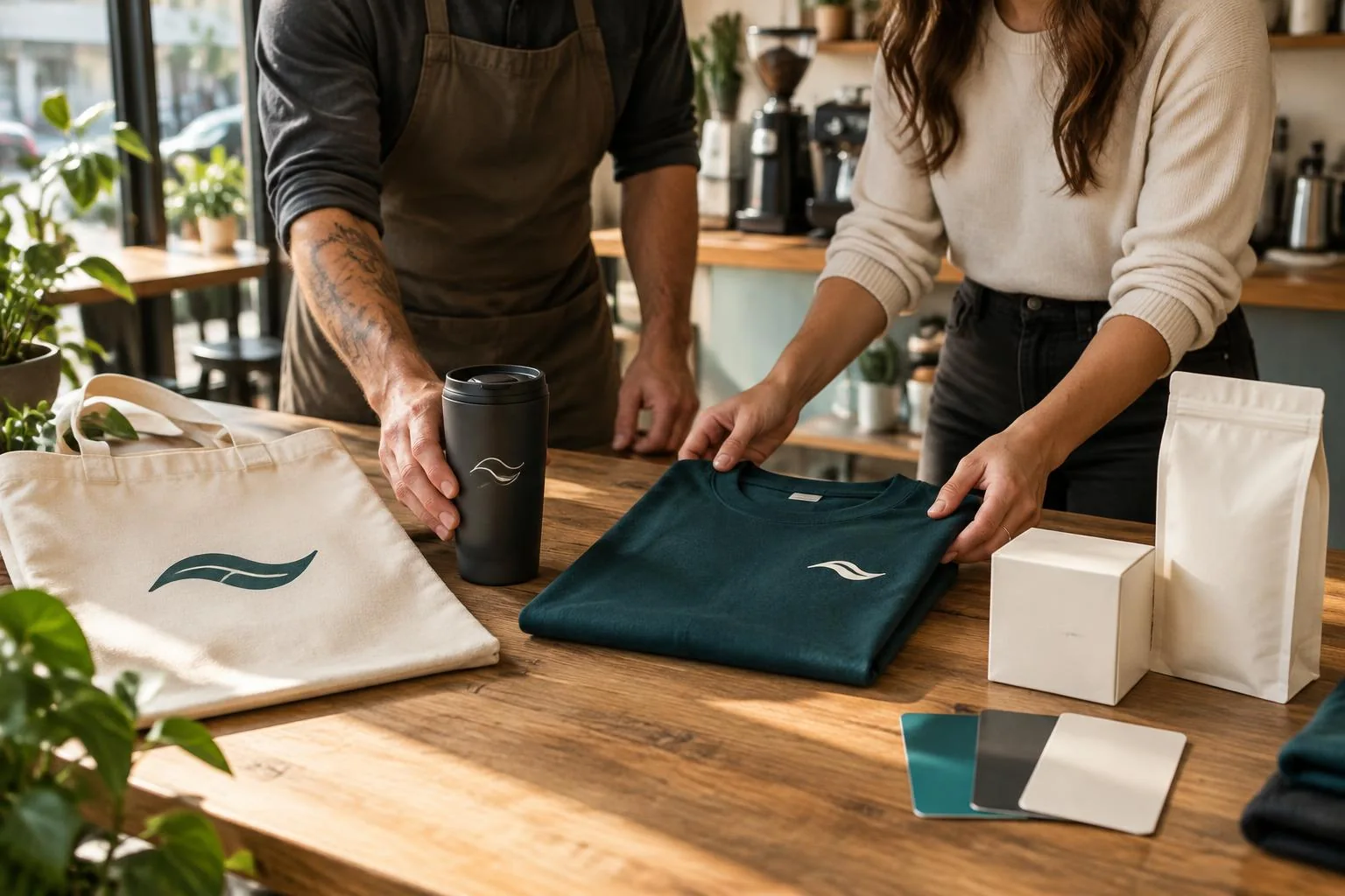 Two coffee shop owners reviewing a teal staff shirt, canvas tote, and reusable tumbler with coordinated wave symbols