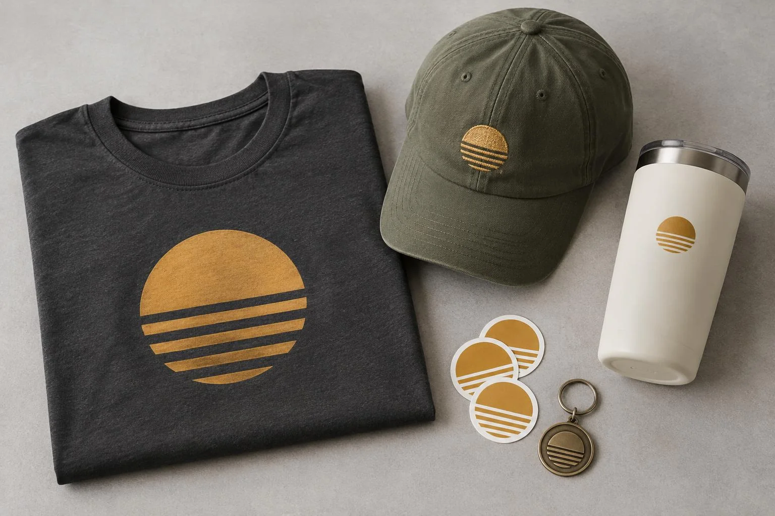 Coordinated charcoal shirt, olive embroidered hat, ivory tumbler, stickers, and keychain arranged on a worktable with matching gold sun symbols
