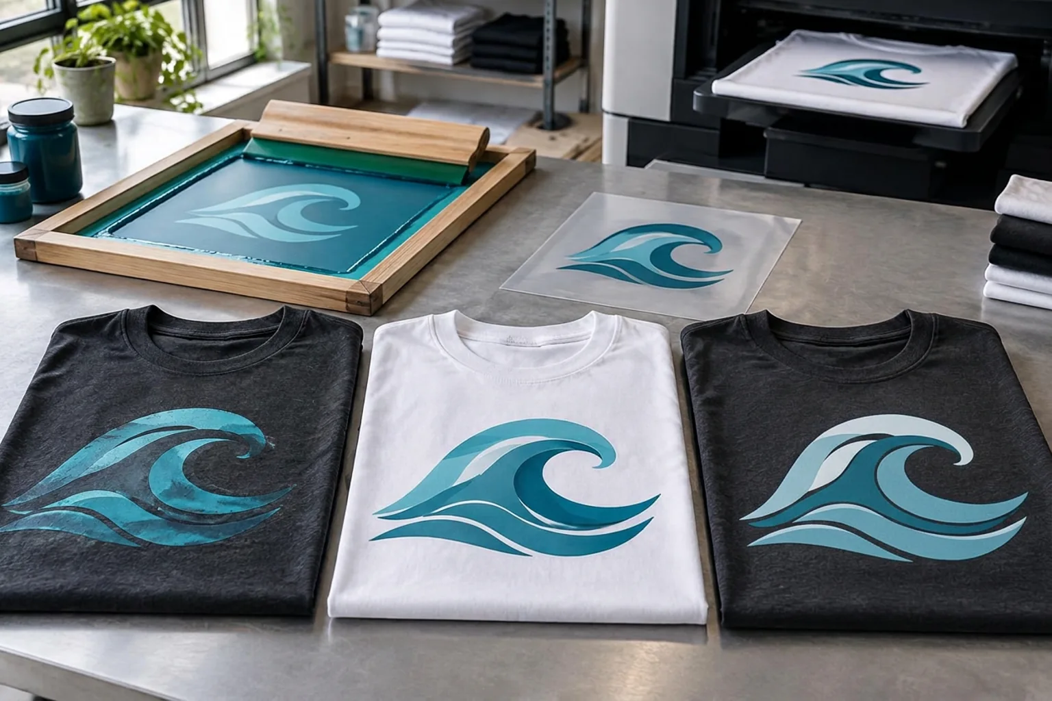 Printed wave-design shirts beside a screen-printing frame, transfer film, and direct-to-garment printer in an apparel studio