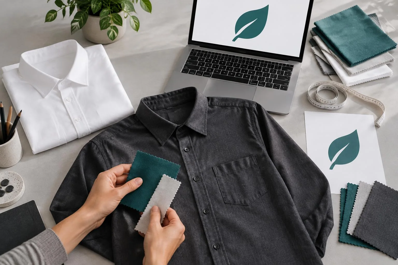 Designer comparing teal and gray fabric swatches against a charcoal shirt beside a laptop and paper showing a simple leaf design