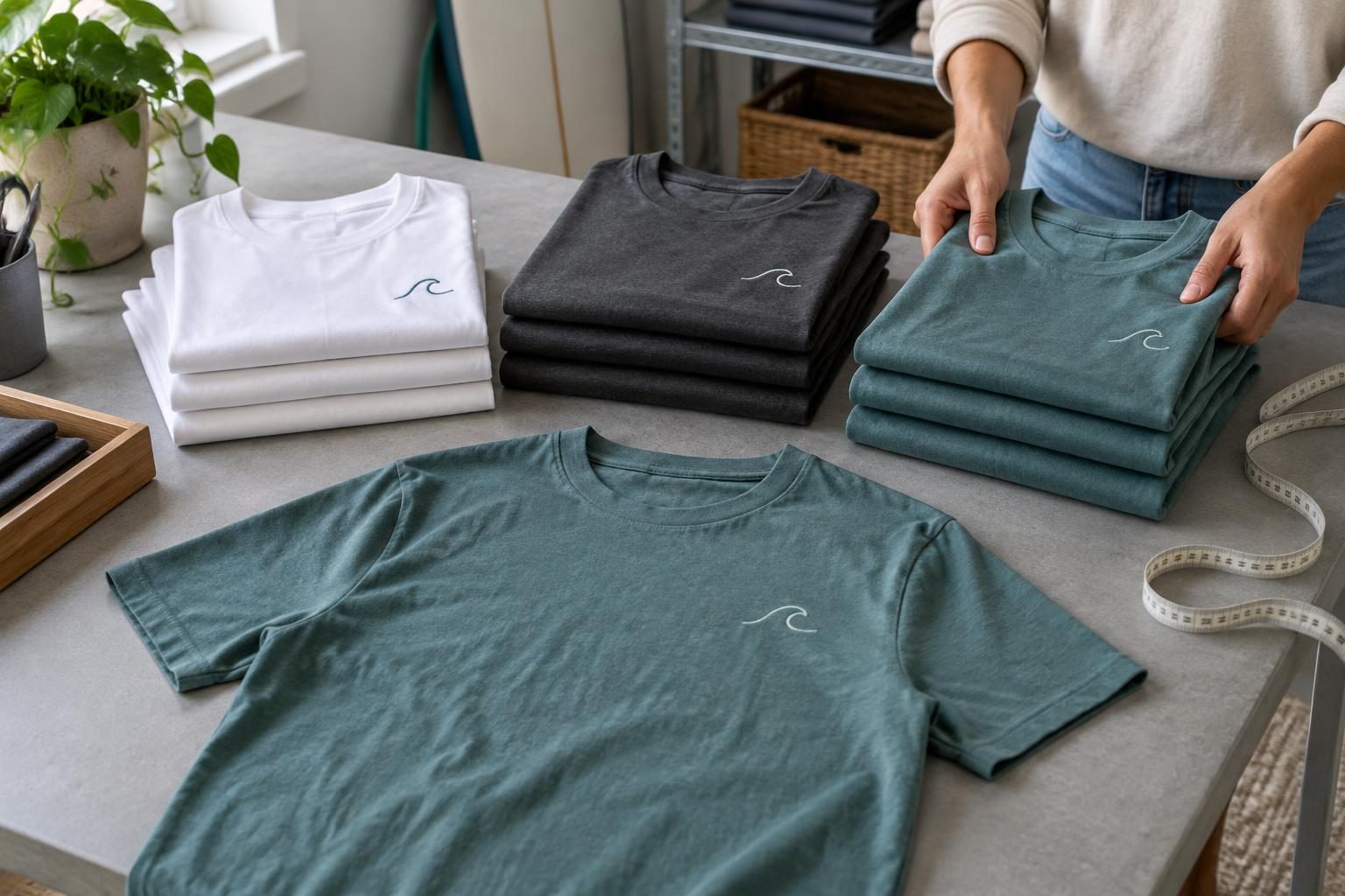 Hands sorting modest stacks of white, charcoal, and teal wave-branded shirts on a worktable beside a measuring tape